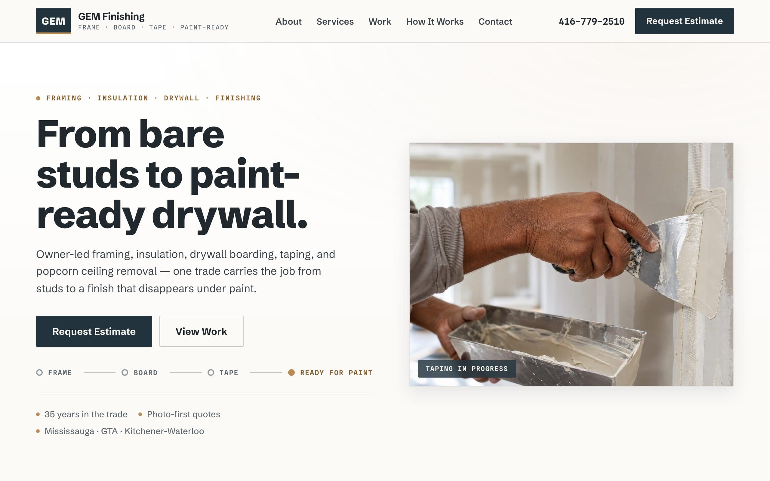 GEM Finishing — framing to paint-ready drywall · mississauga, on, built on the one-page offer