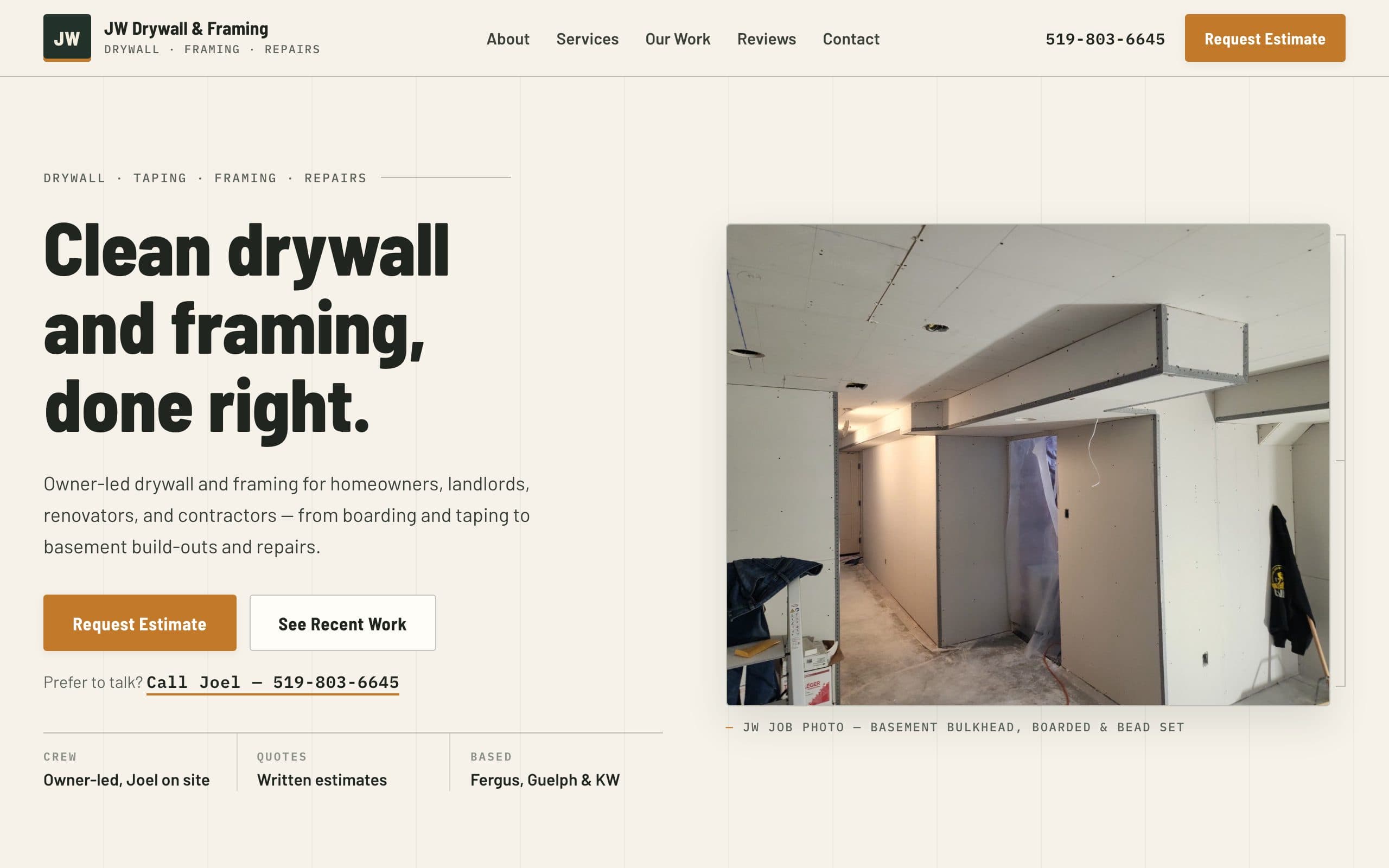 JW Drywall & Framing — a one-page site built for an owner-run drywall crew in Fergus, Ontario